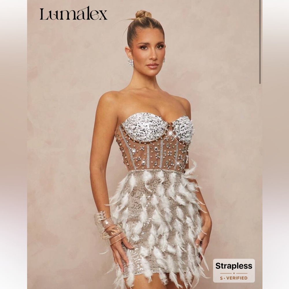 ✨ SHEIN- Lumalex Nude White Embellished Strapless Mini Dress | NWOT
